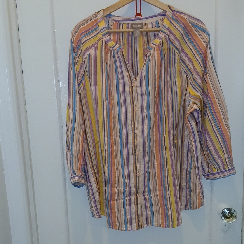 Multi-Color Striped Button Front BlouseWomens